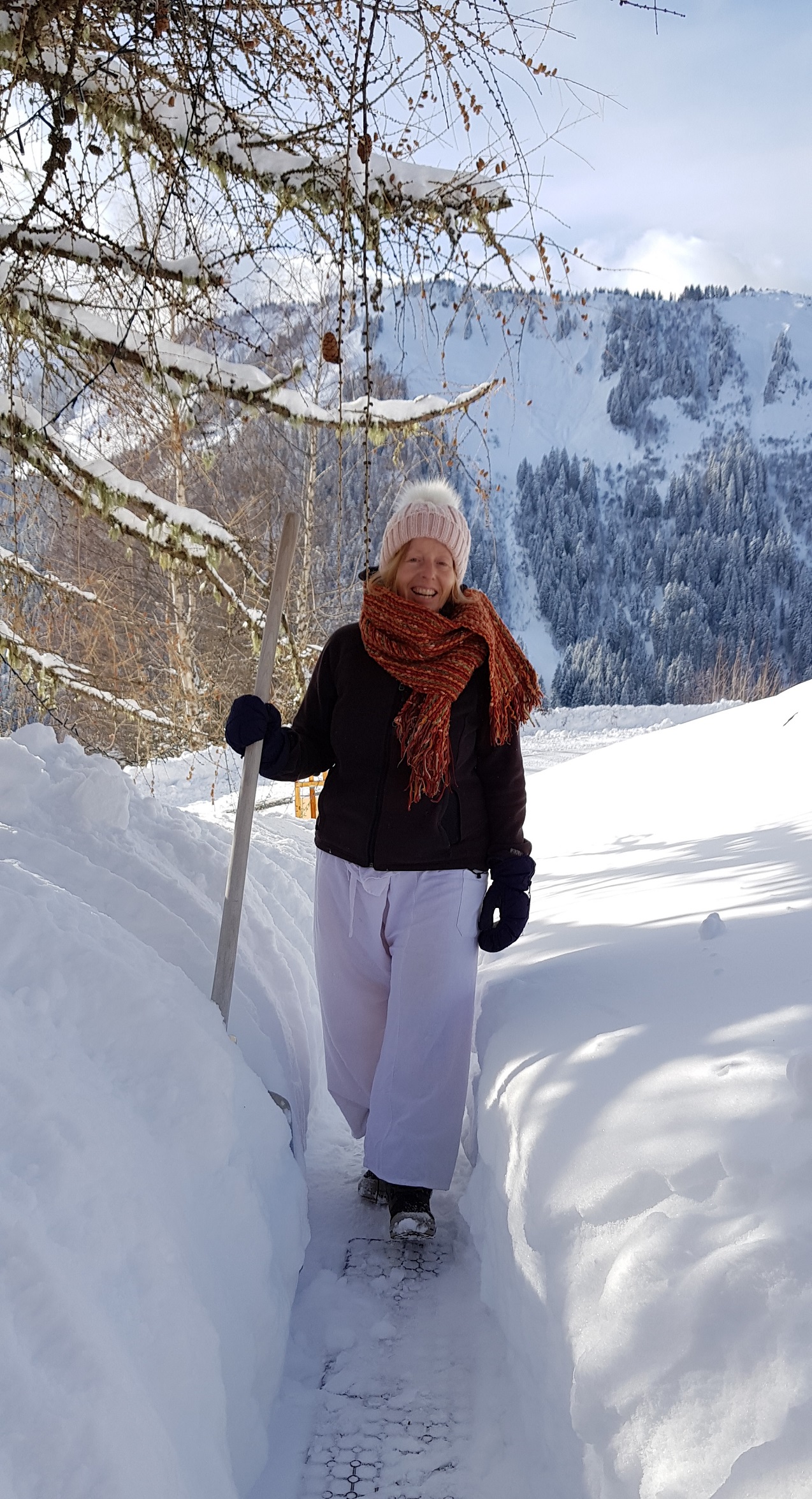 Ouvrir le chemin. En vrai, joelle deblaye la neige un 30 janvier Ombelle rose sur le chemin